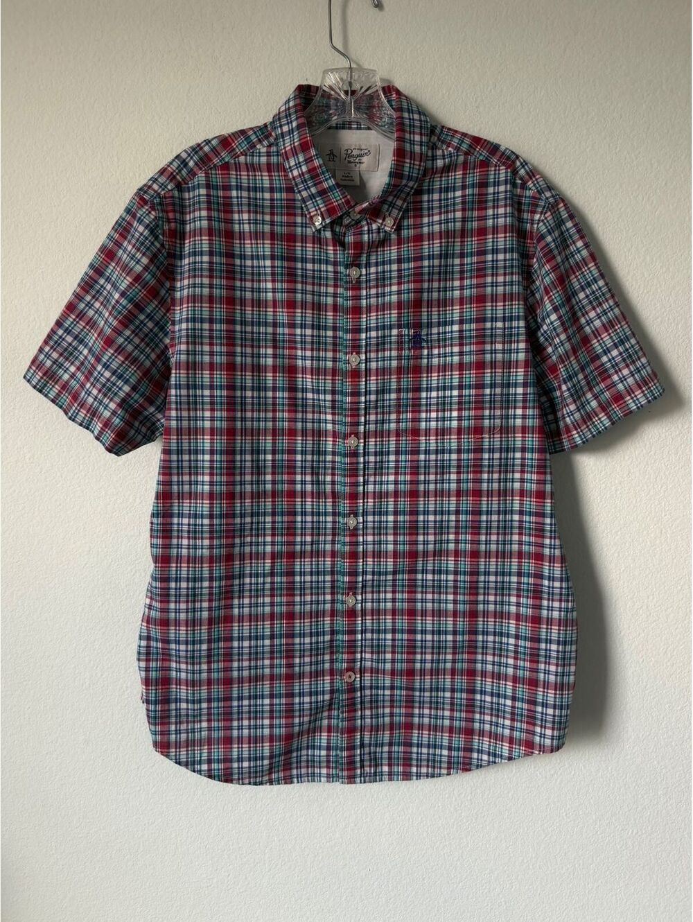 Original Penguin Short Sleeve Button Up Multicolor Plaid Shirt Men's Size L
